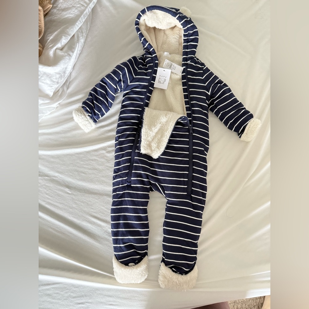 Striped Navy and White Kids Winter Onsie Ski Suit with Bear Ears Sherpa